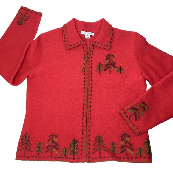 Belle Pointe Wool Jacket Women's M Red Embroidered Trees Christmas BellePointe - Picture 6 of 9